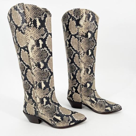 Loeffler Randall Dylan Tall Sand Snakeskin Embossed Block Heel Western Boot sz 6 - Picture 1 of 11